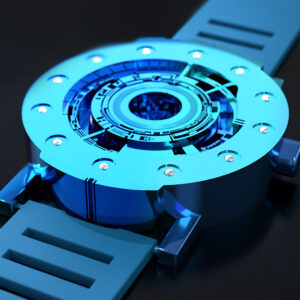Techno-circle watch in cyan anodised aluminium with rubber strap, on black surface.