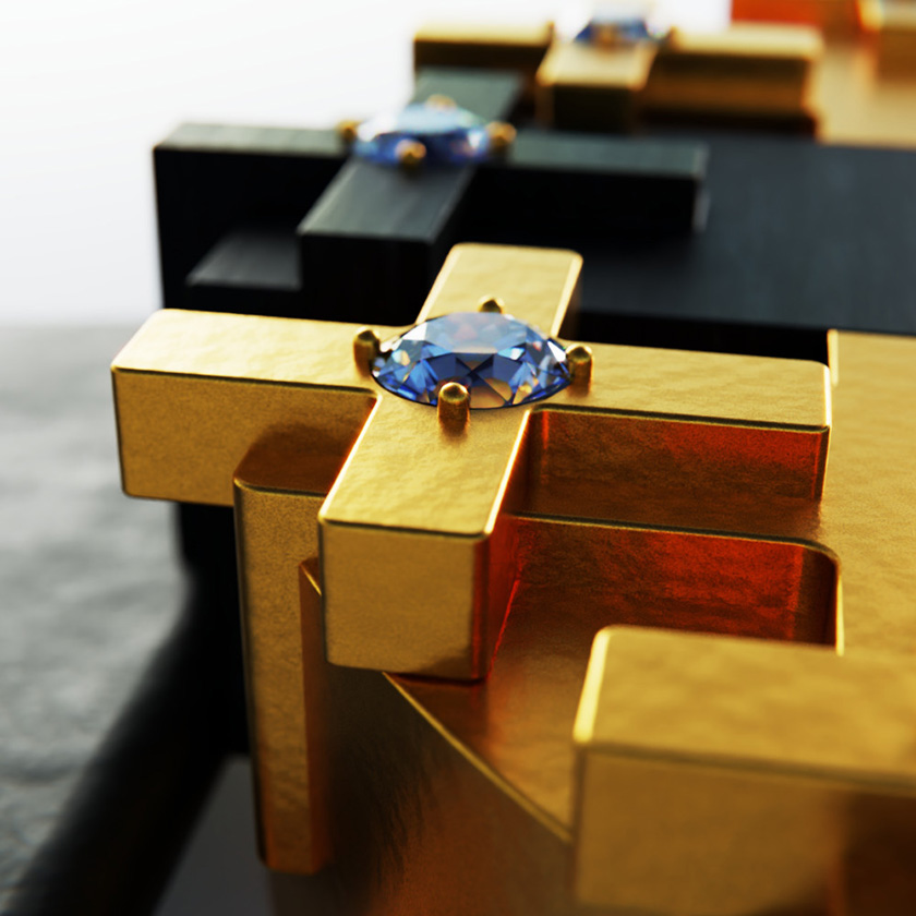 UnconstrainedTime Cross #1 watch in gold with ebony wood., closeup detail showing one of the diamonds.