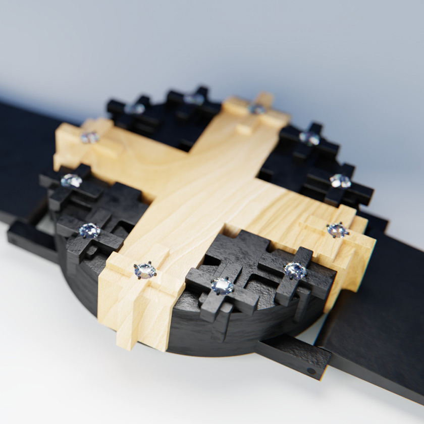 UnconstrainedTime Cross #1 watch in black patinated bronze with aspen wood, on a white background.