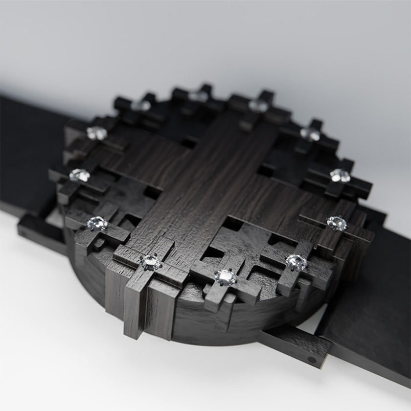 UnconstrainedTime Cross #1 wristwatch in black patinated bronze with ebony wood.