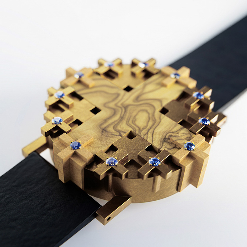 UnconstrainedTime Cross #1 wristwatch in bronze with olive wood.