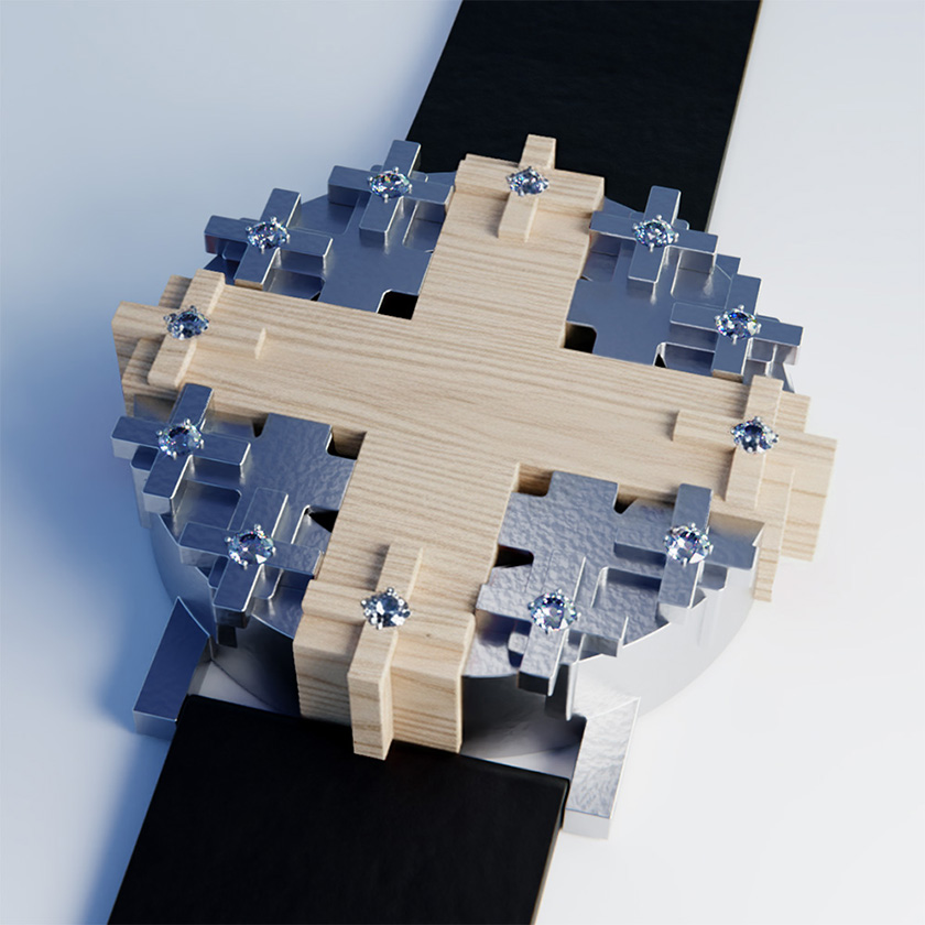 UnconstrainedTime Cross #1 watch in platinum with light oak wood, on a white surface.