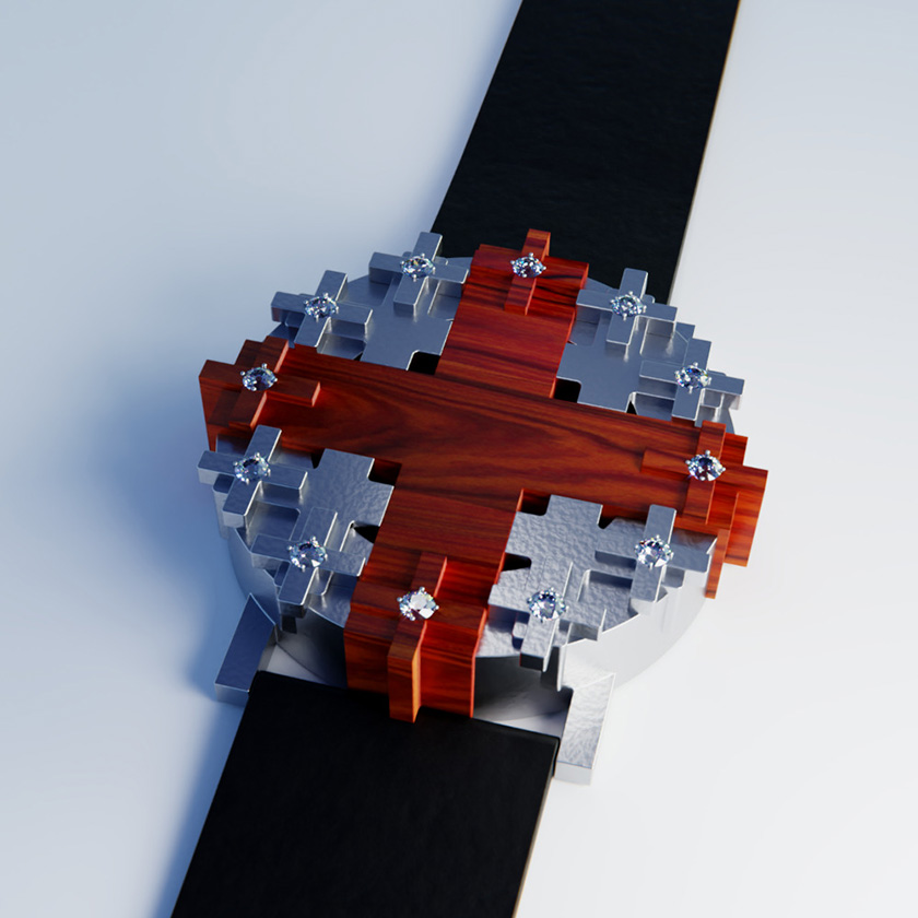 UnconstrainedTime Cross #1 wrist watch in platinum with Yew wood.